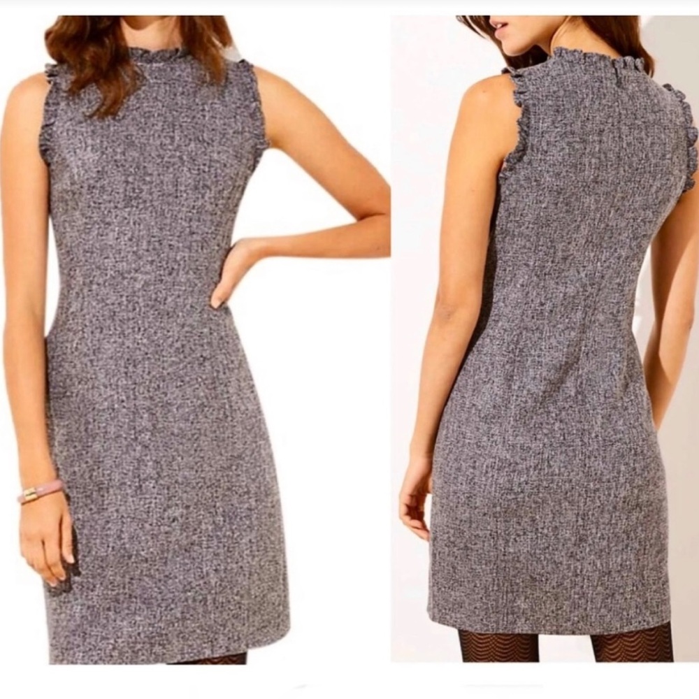 Loft ruffle mock neck tweed sleeveless mini dress